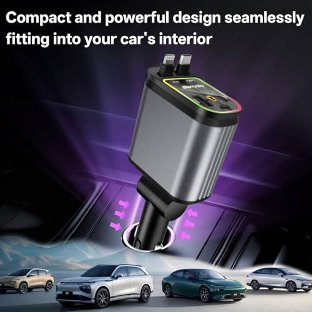 Silver retractable car charger with glowing indicator lights and cable outlet