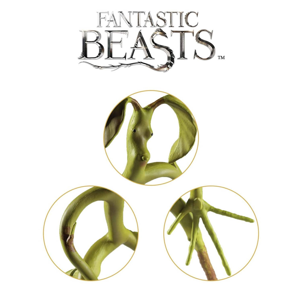 Bendable bowtruckle figure shown in three angles, olive-green with twig limbs