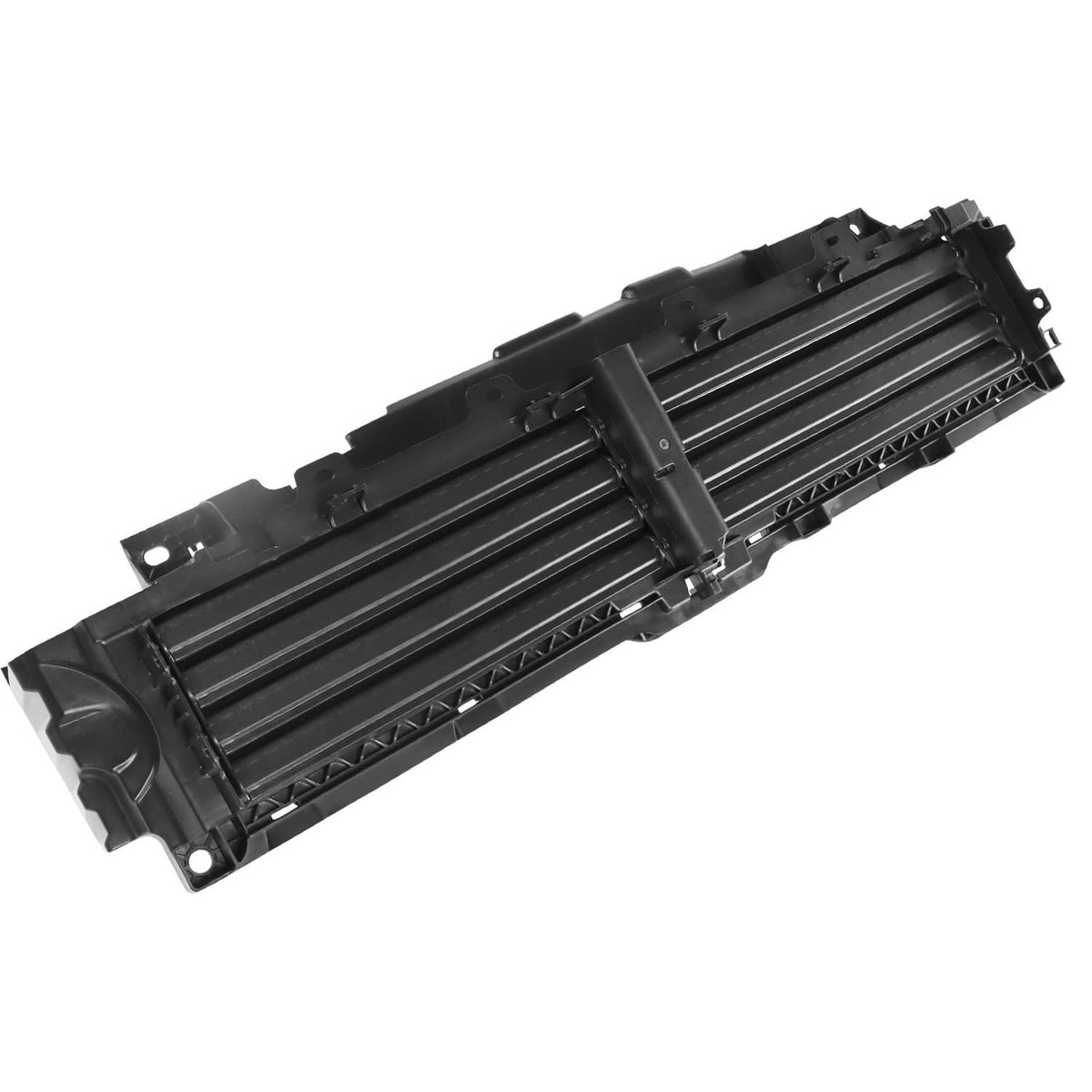 Black radiator air shutter grille assembly with slatted vents and frame