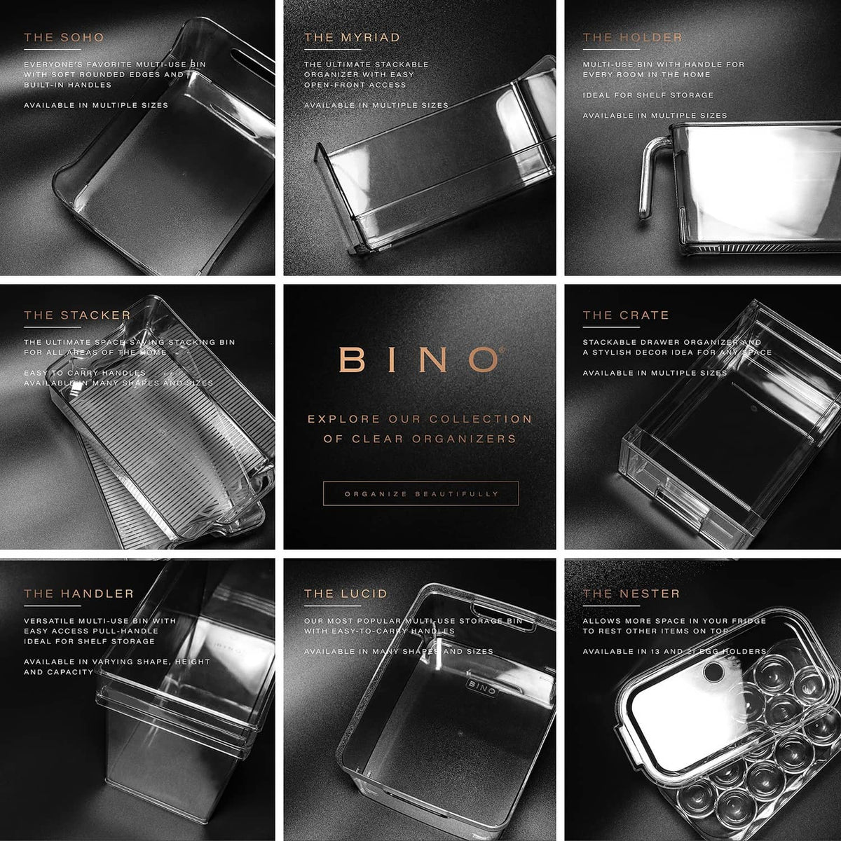 Clear organizer storage bins with handles in a product collection layout