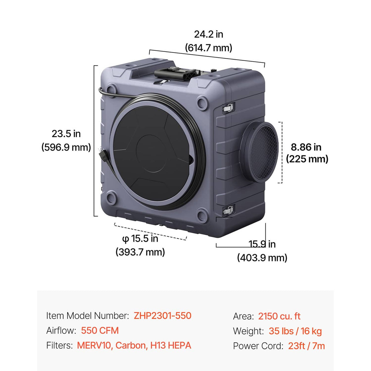 Gray HEPA negative air machine with front circular filter and size dimension labels