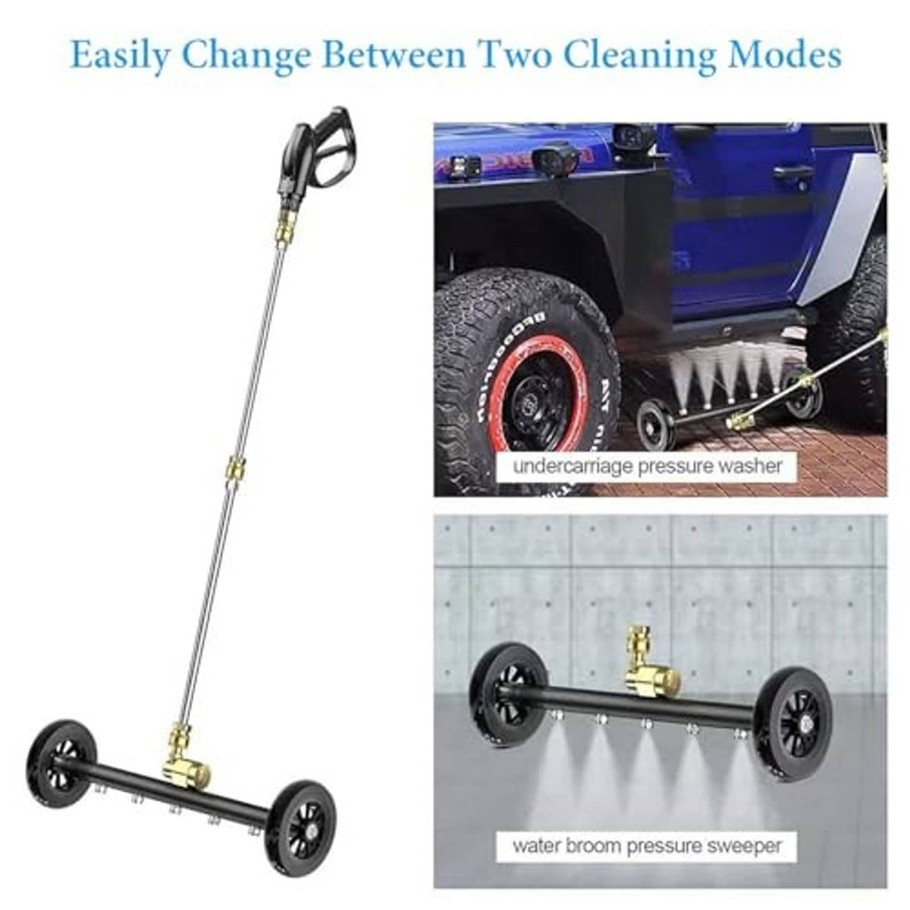 Undercarriage pressure washer cleaner with extendable wand, black wheels, and gold connectors