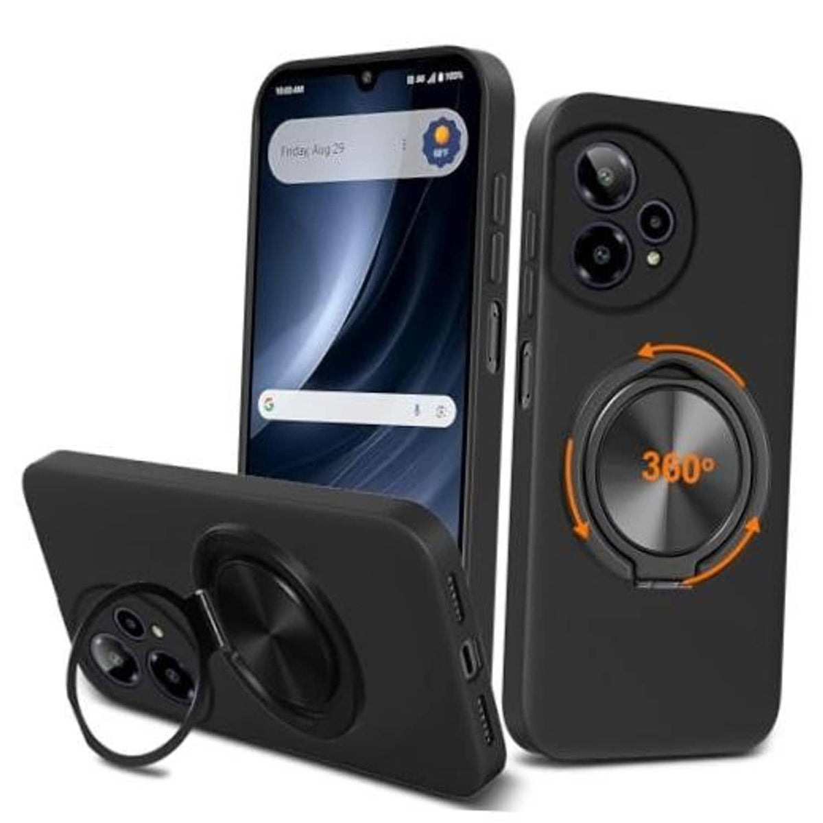 Black phone case with 360 ring holder and dual camera cutouts for a secure grip