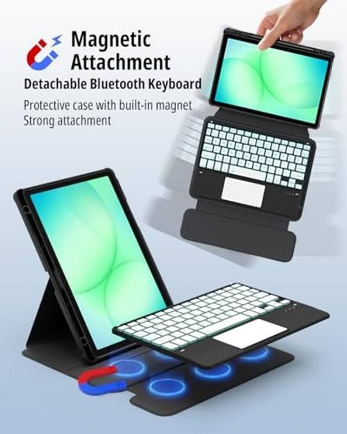Black folio case with detachable Bluetooth keyboard and magnetic tablet attachment