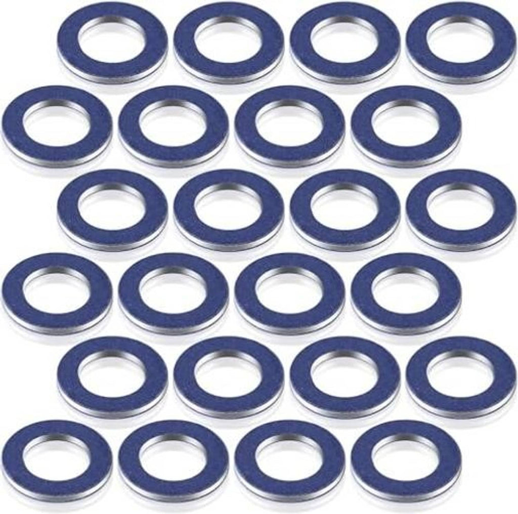 Oil drain plug gasket washers set of round blue-and-silver rings, multiple pieces