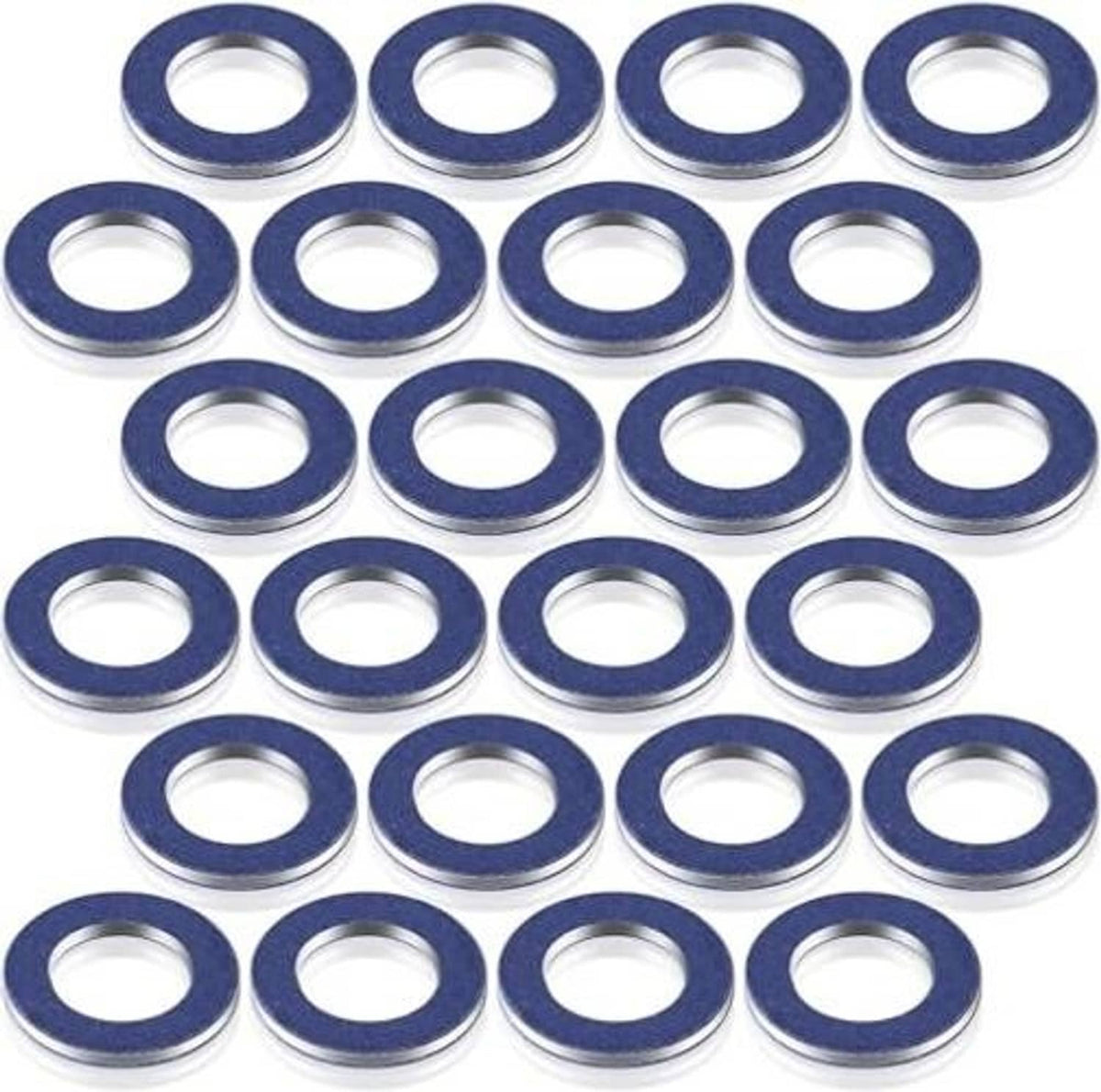 Oil drain plug gasket washers set of round blue-and-silver rings, multiple pieces
