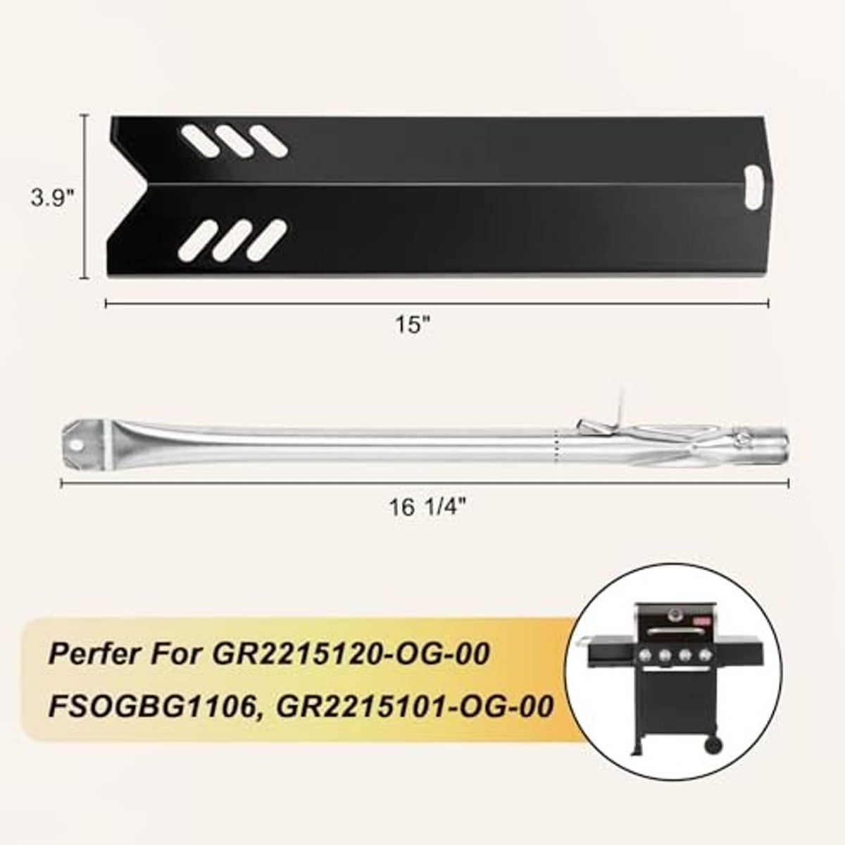 Black heat plate panel and long silver burner tube with mounting hardware