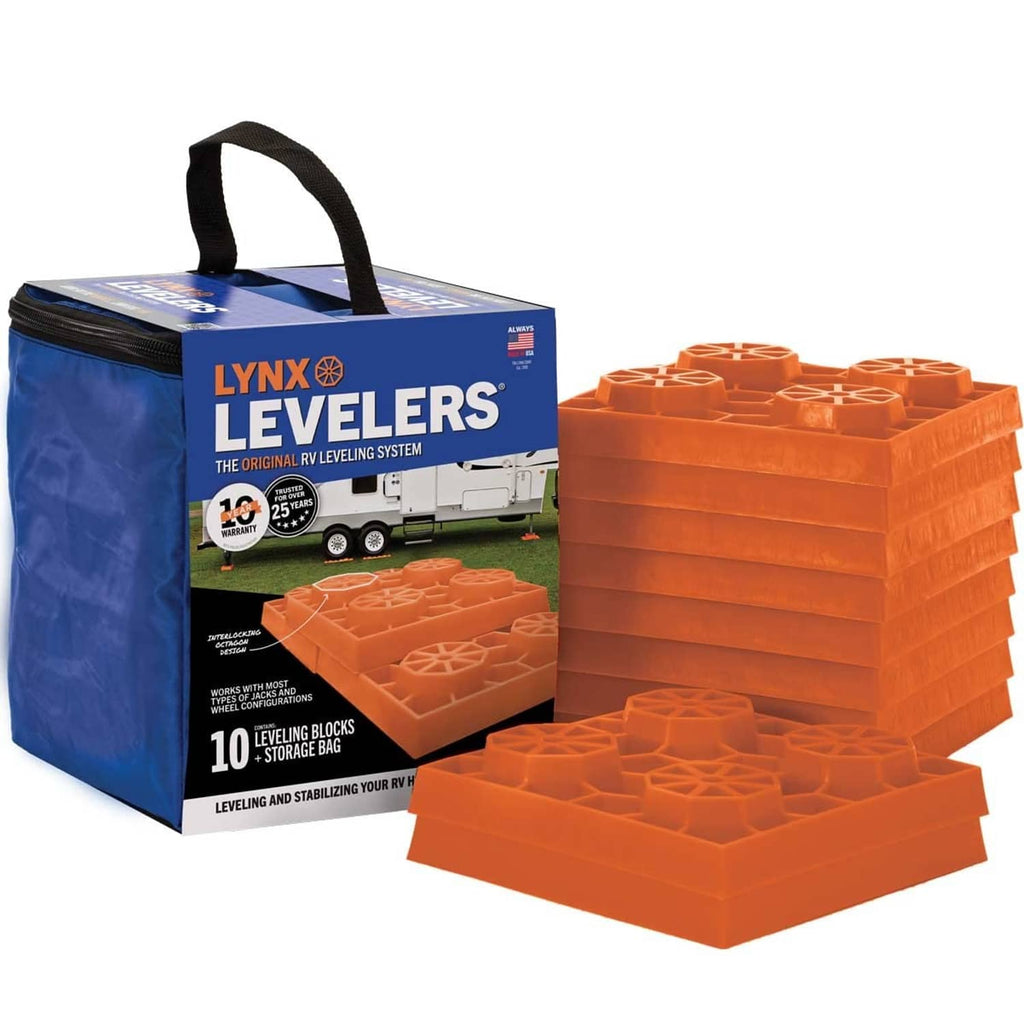 Orange RV leveling blocks set with storage bag, 10-pack