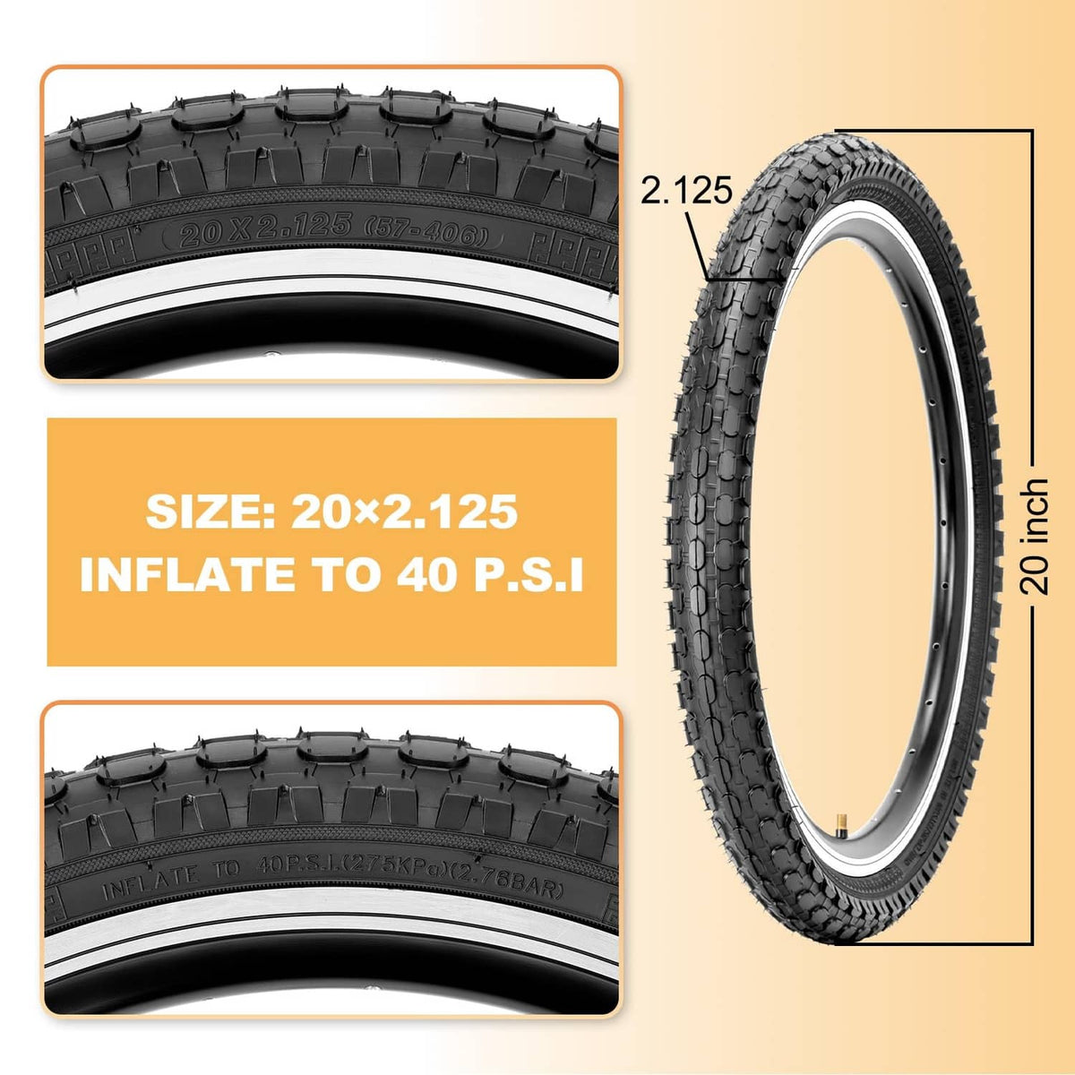 Black 20x2.125 kids bike tire with knobby tread
