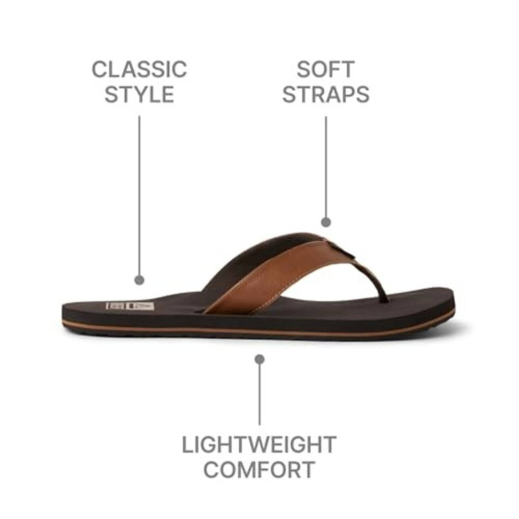 Brown flip-flop sandal with tan soft straps and lightweight, slim profile.