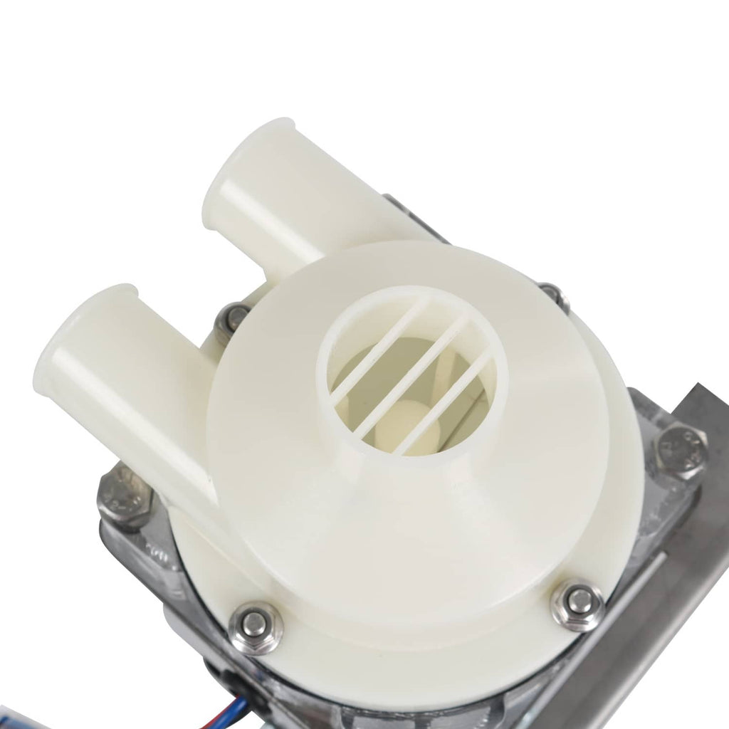 Ice machine water pump motor assembly close-up of white impeller housing and screws