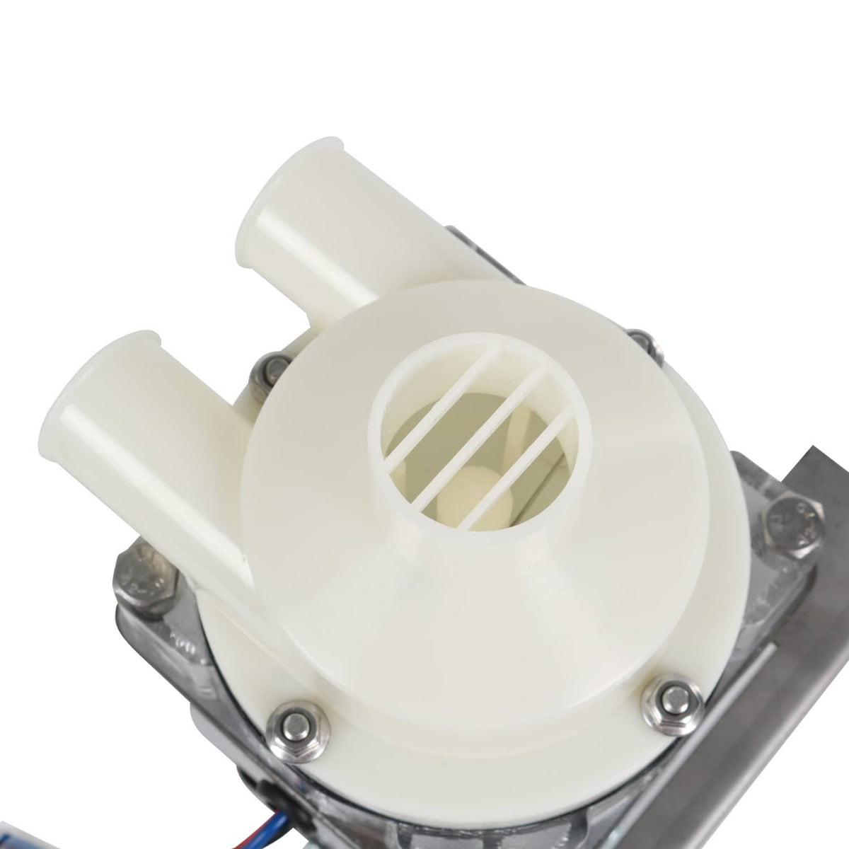 Ice machine water pump motor assembly close-up of white impeller housing and screws