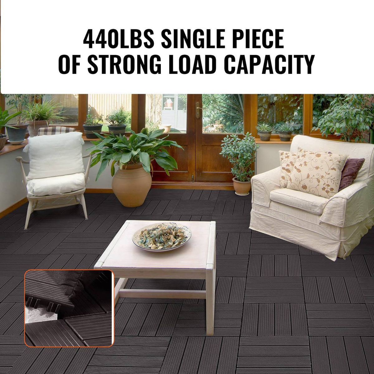 Interlocking deck tiles, dark brown textured surface with interlocking edge connectors