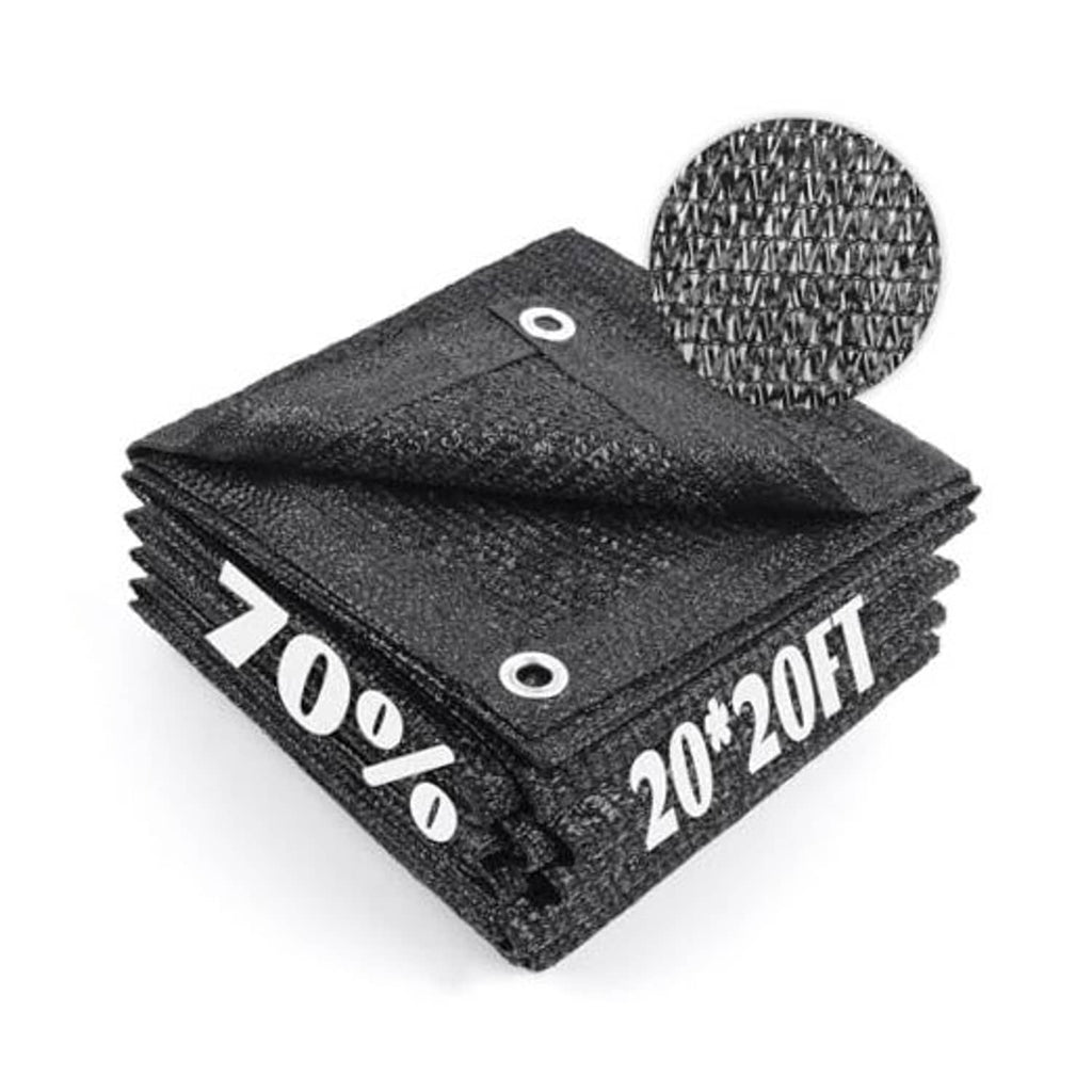 Black mesh sun shade tarp bundle with metal grommets and 70% shade marking