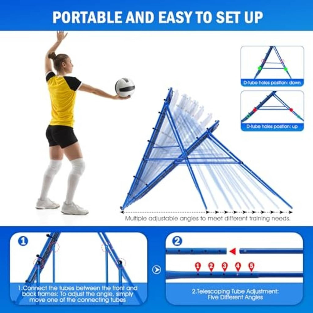 Portable rebounder net with foldable tripod frame, player tossing a volleyball toward the net.