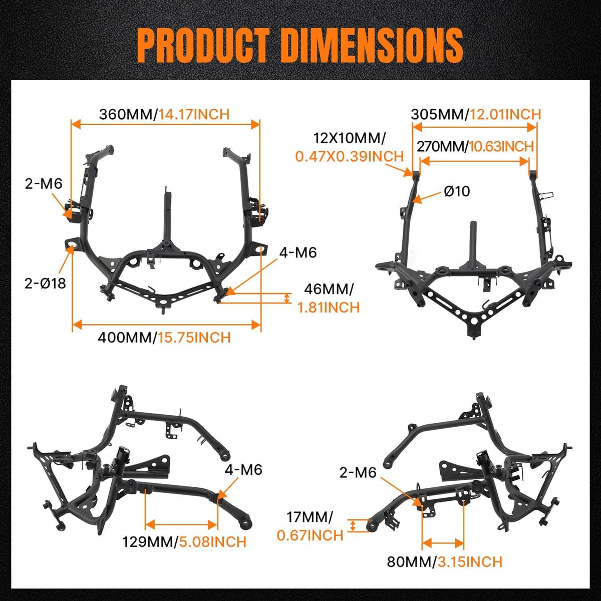 Black headlight bracket dimensions diagram with key measurements