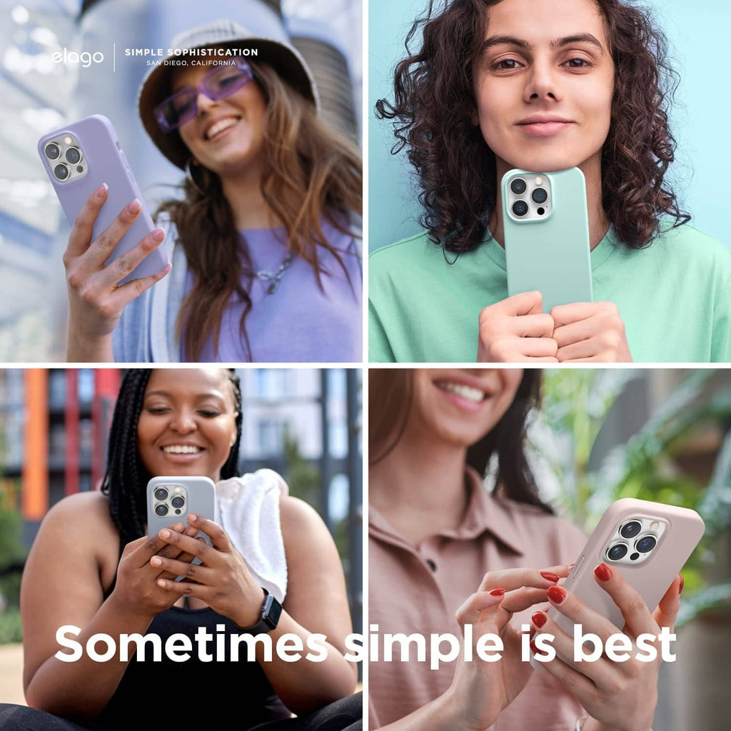 Light blue silicone phone case held in hand, showing camera cutouts