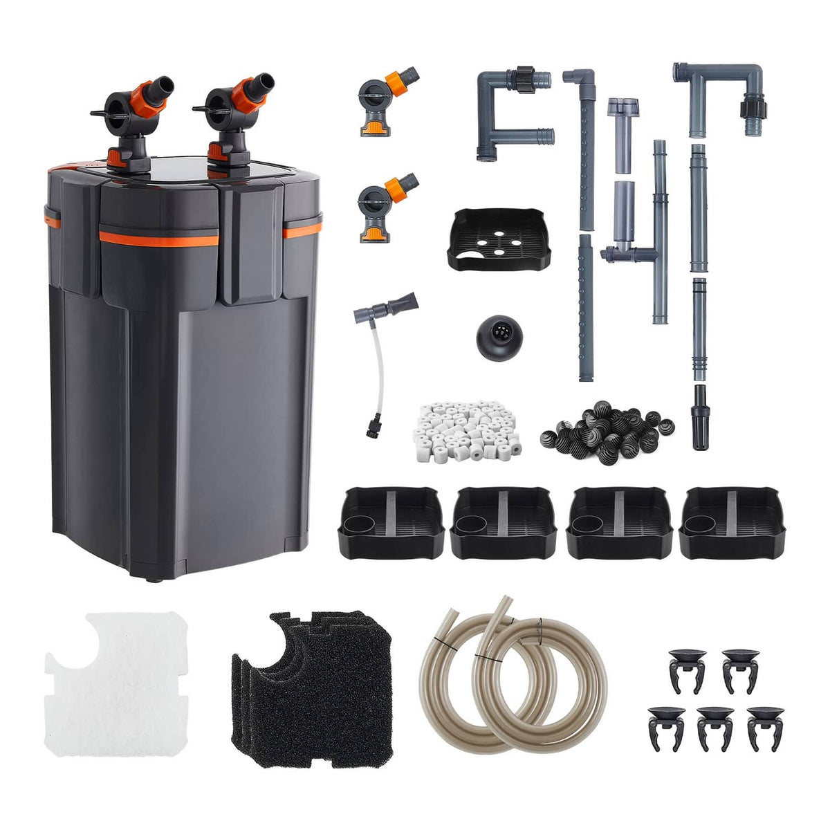 External aquarium filter with hoses, nozzles, media baskets, sponge pads, and ceramic rings included