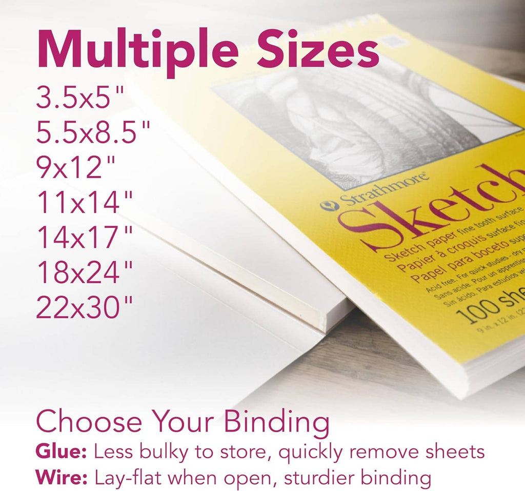 Yellow sketch pad with open pages showing size options and binding