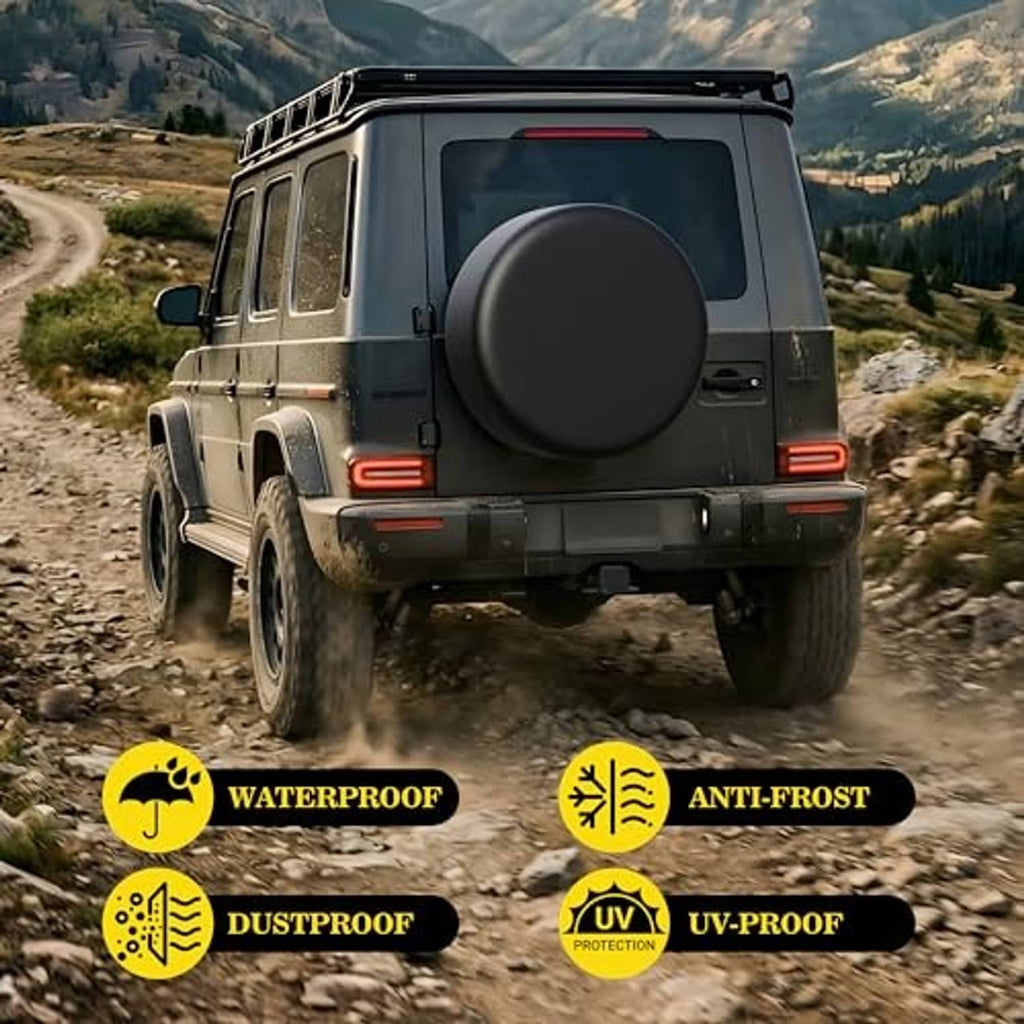Spare tire cover on back of off-road SUV; round dark cover over spare tire for travel.