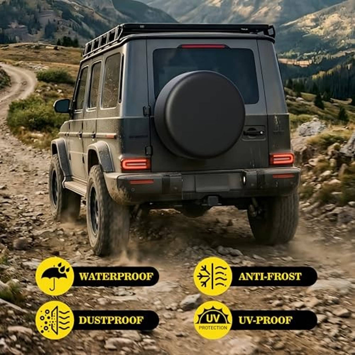 Spare tire cover on back of off-road SUV; round dark cover over spare tire for travel.