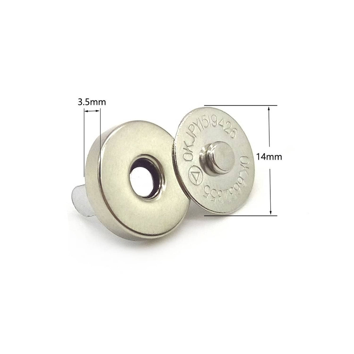 Metal magnetic snap clasp with measurements, round base plate and matching cap
