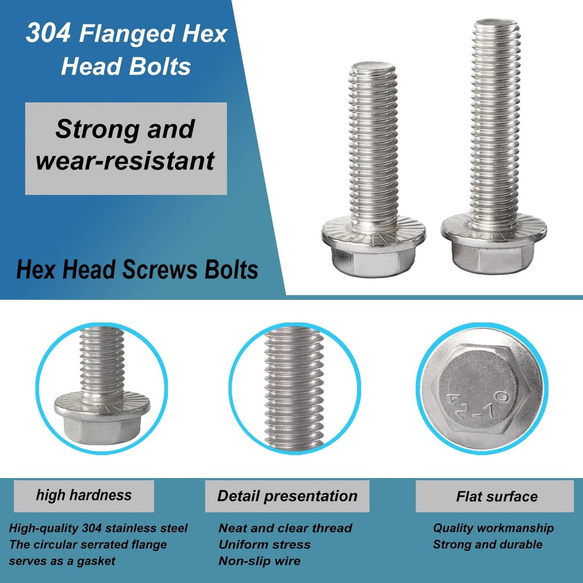 Silver flanged hex head bolts with round flange bases, shown in a group