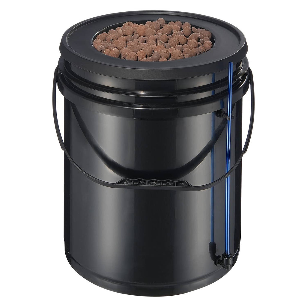 Black DWC hydroponics bucket with handles, lid, clay pebbles, and blue plumbing line