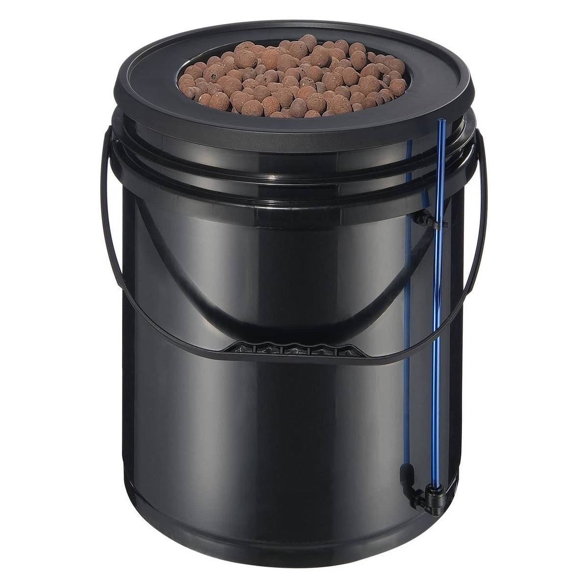 Black DWC hydroponics bucket with handles, lid, clay pebbles, and blue plumbing line