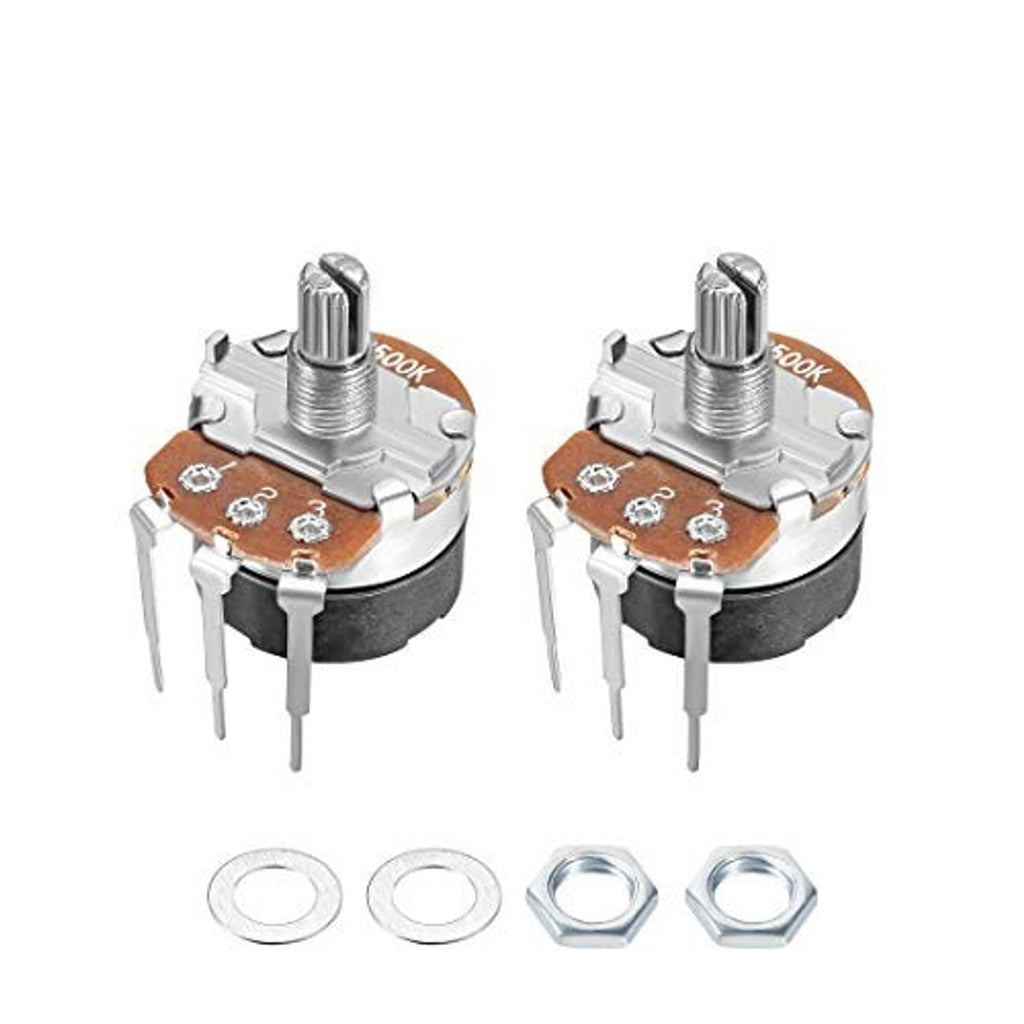 500K potentiometer switch with silver shaft, brown PCB, 3 pins, washers and hex nuts