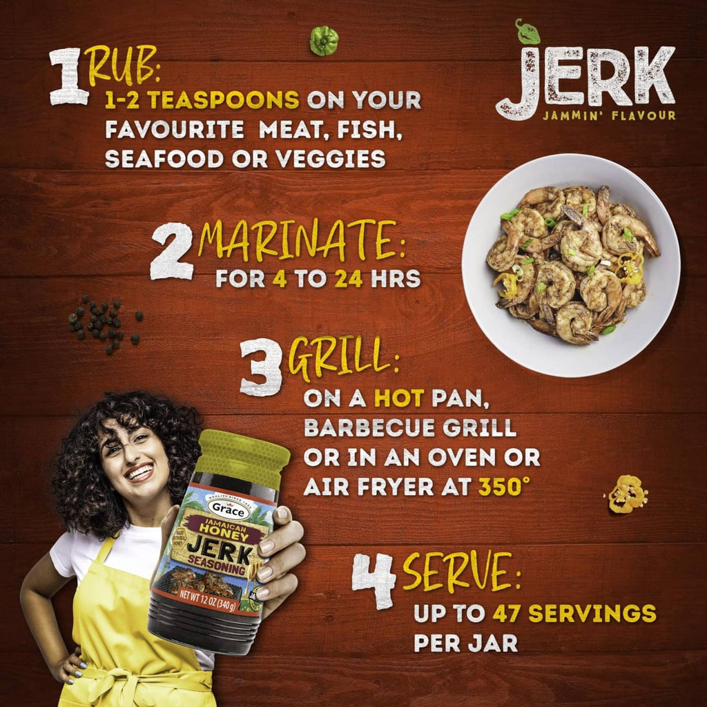 Grace Jamaican Honey Jerk seasoning jar with cooking directions and serving instructions.