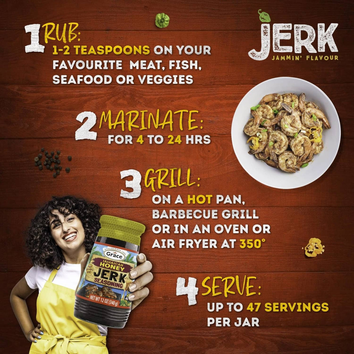 Grace Jamaican Honey Jerk seasoning jar with cooking directions and serving instructions.