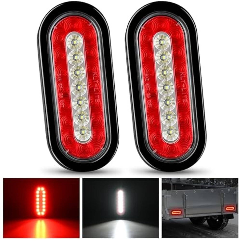 Pair of oval red LED tail lights, front view with clear lens and stacked LED bulbs