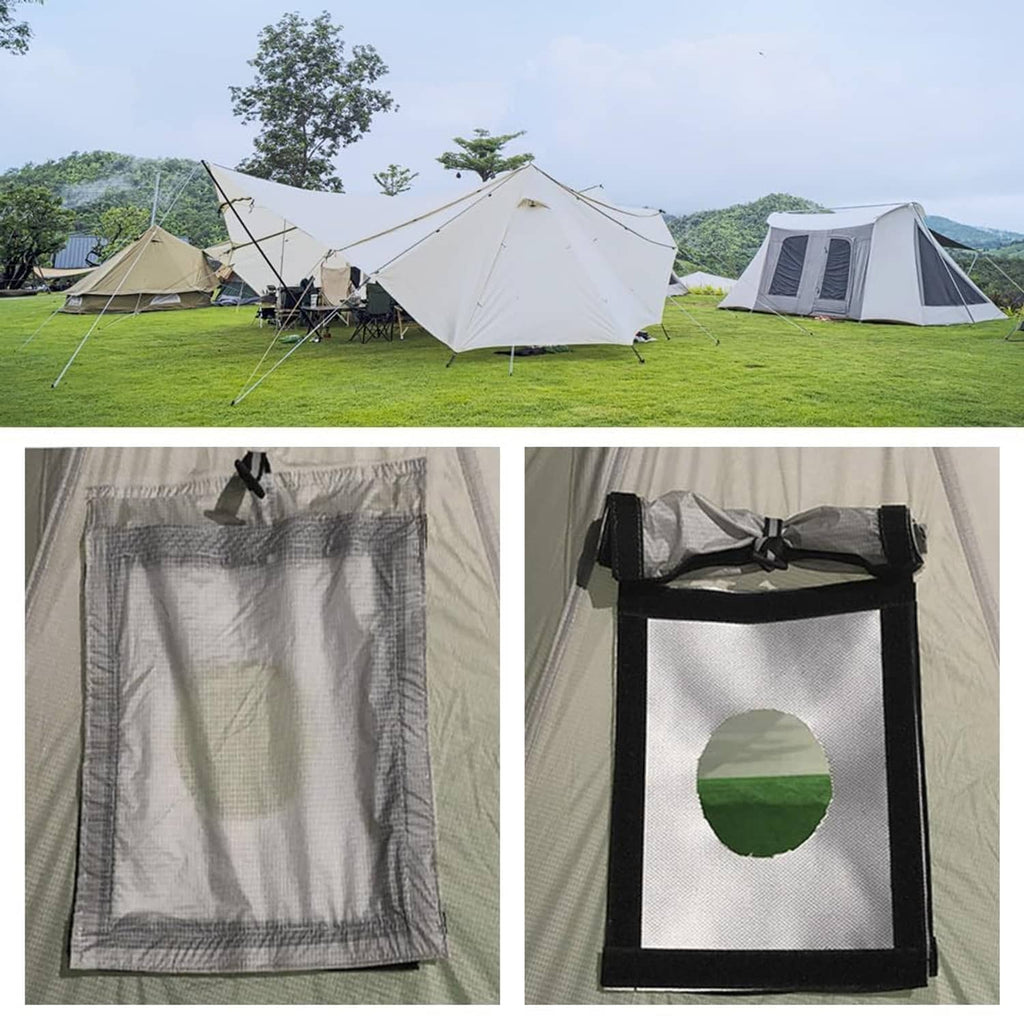 Tent stove jack accessory showing square cover with circular opening and black frame