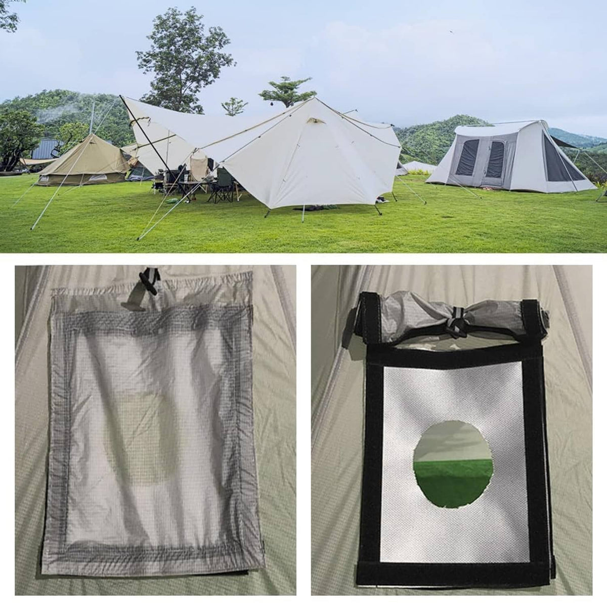 Tent stove jack accessory showing square cover with circular opening and black frame