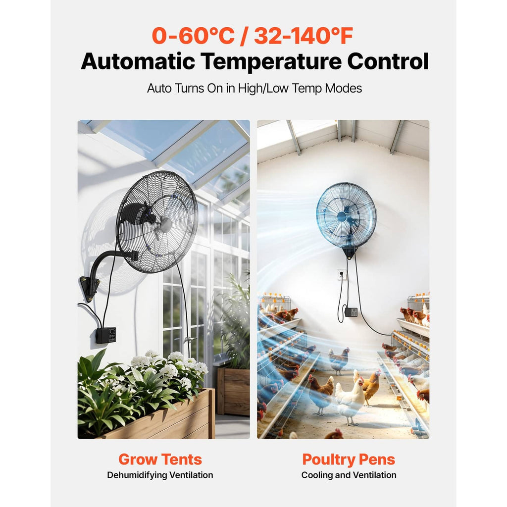 Wall-mounted fan with oscillation, black grille and blades, auto temperature control setup