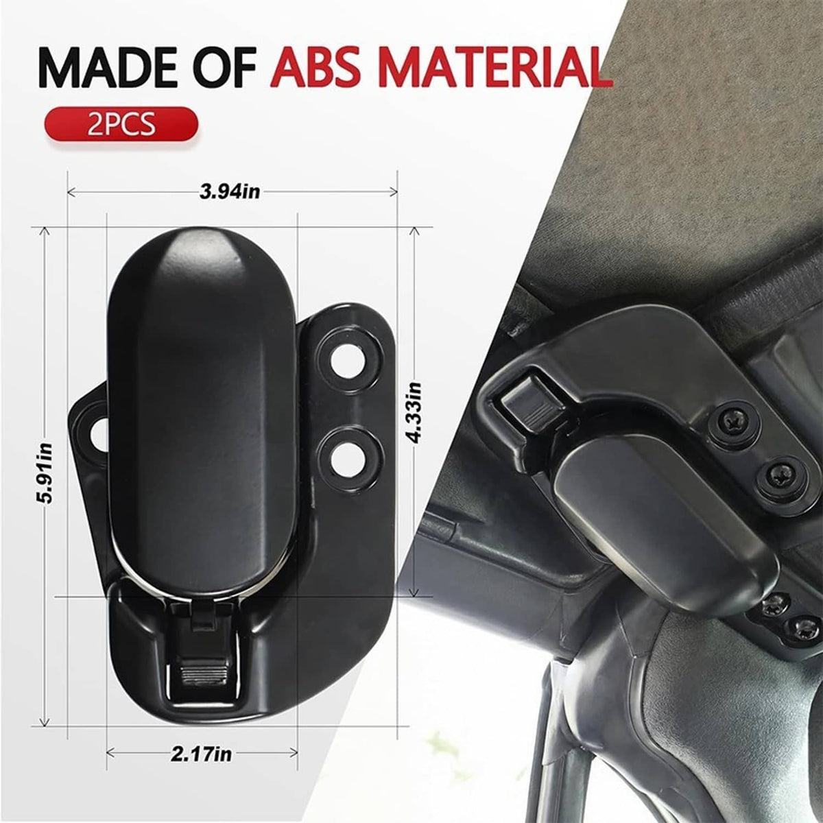 Black soft-top roof latch locks with oval covers and mounting holes, ABS pair