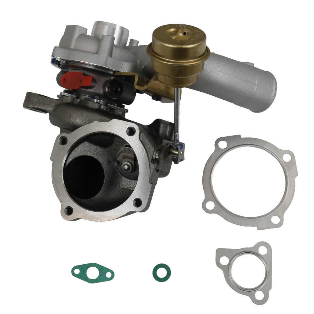 Turbocharger unit with gold compressor cap, black turbine housing, and mounting gaskets