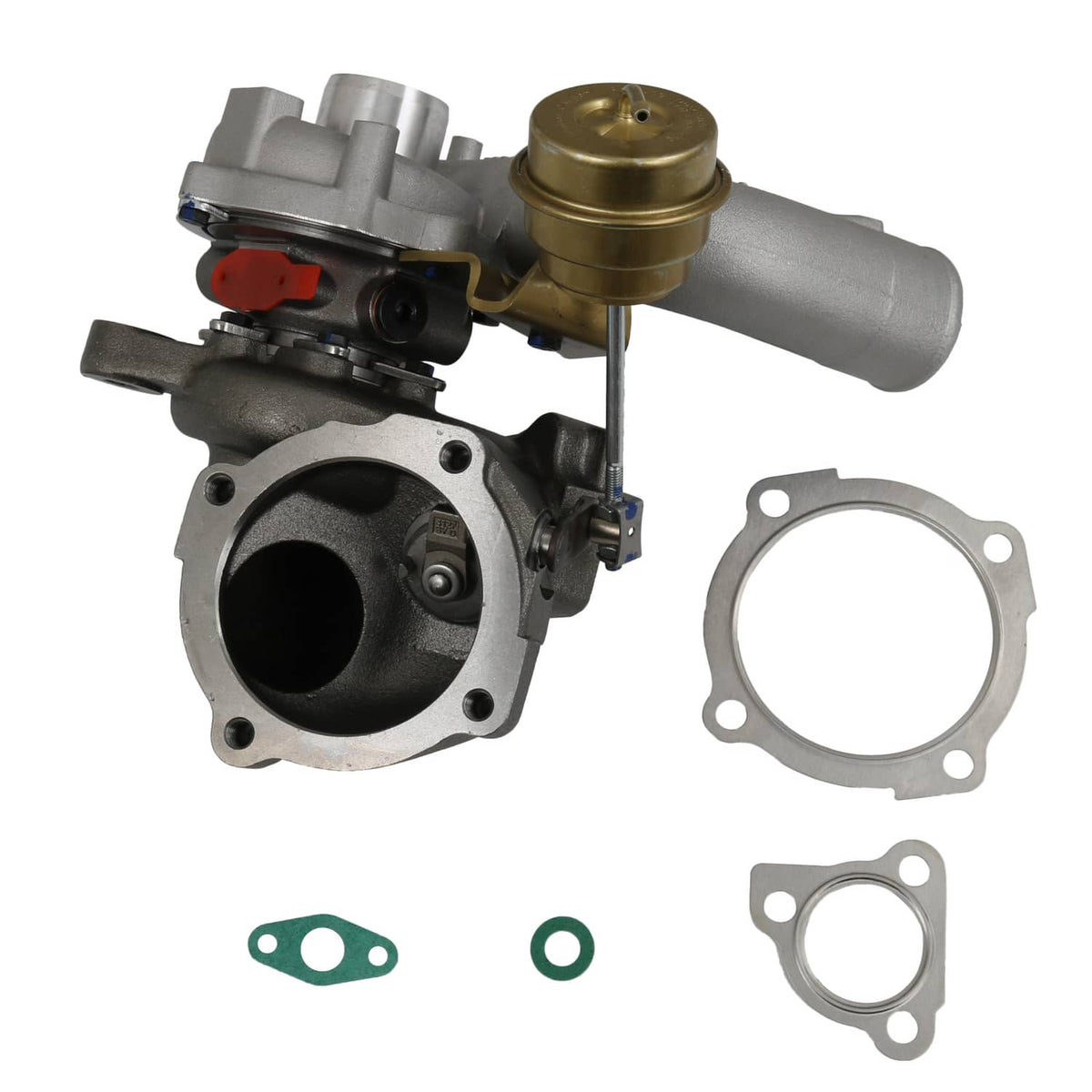 Turbocharger unit with gold compressor cap, black turbine housing, and mounting gaskets
