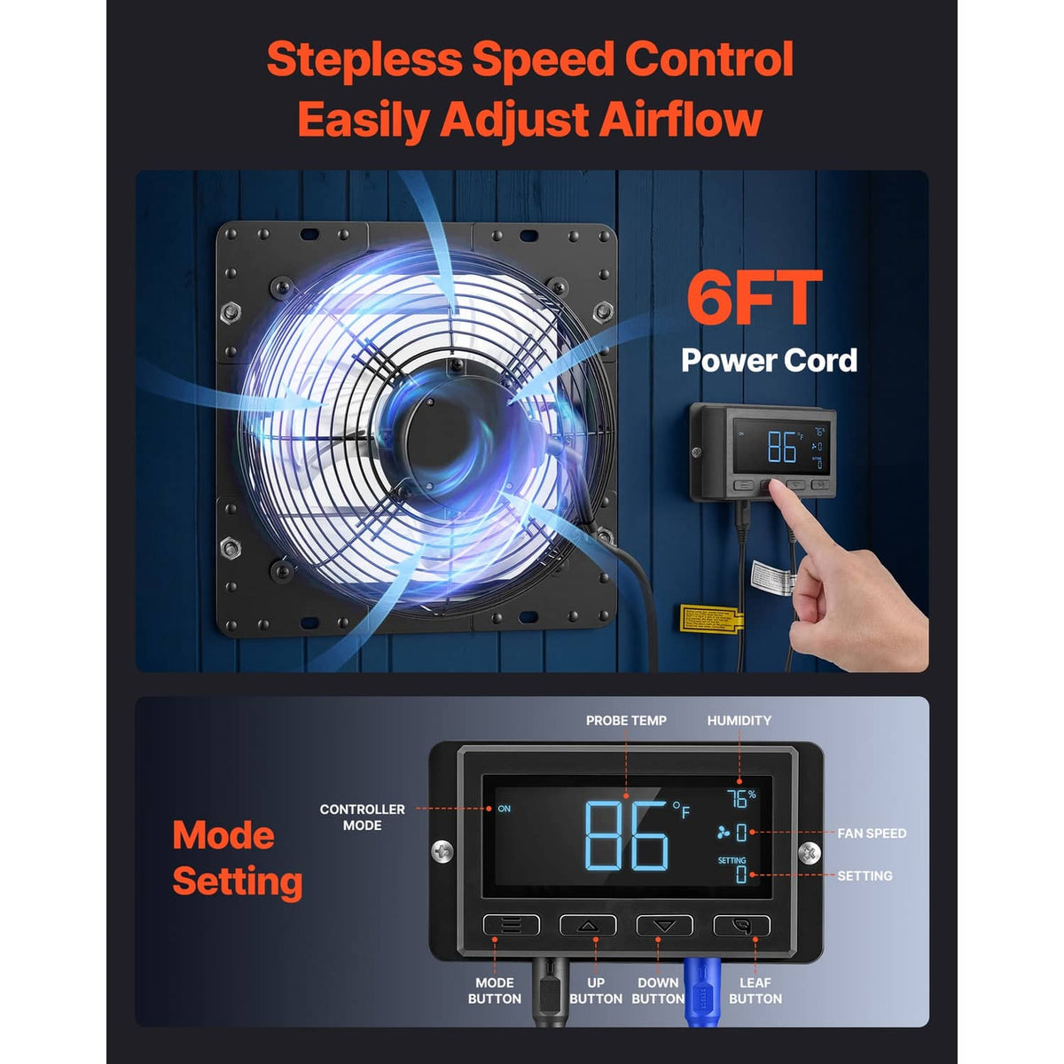 Wall exhaust fan speed control graphic with digital controller and adjustable airflow