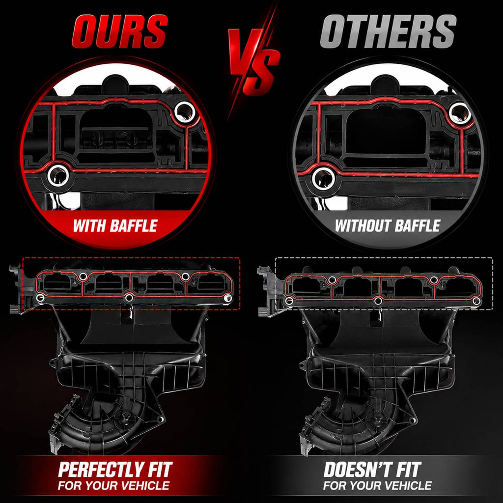Engine intake manifold cutaway showing internal baffle design versus plain runner housing