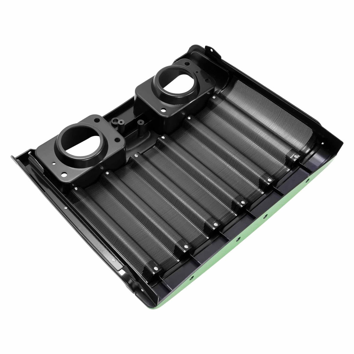 Front grille assembly, black mesh panel with two mounting openings and green edge trim