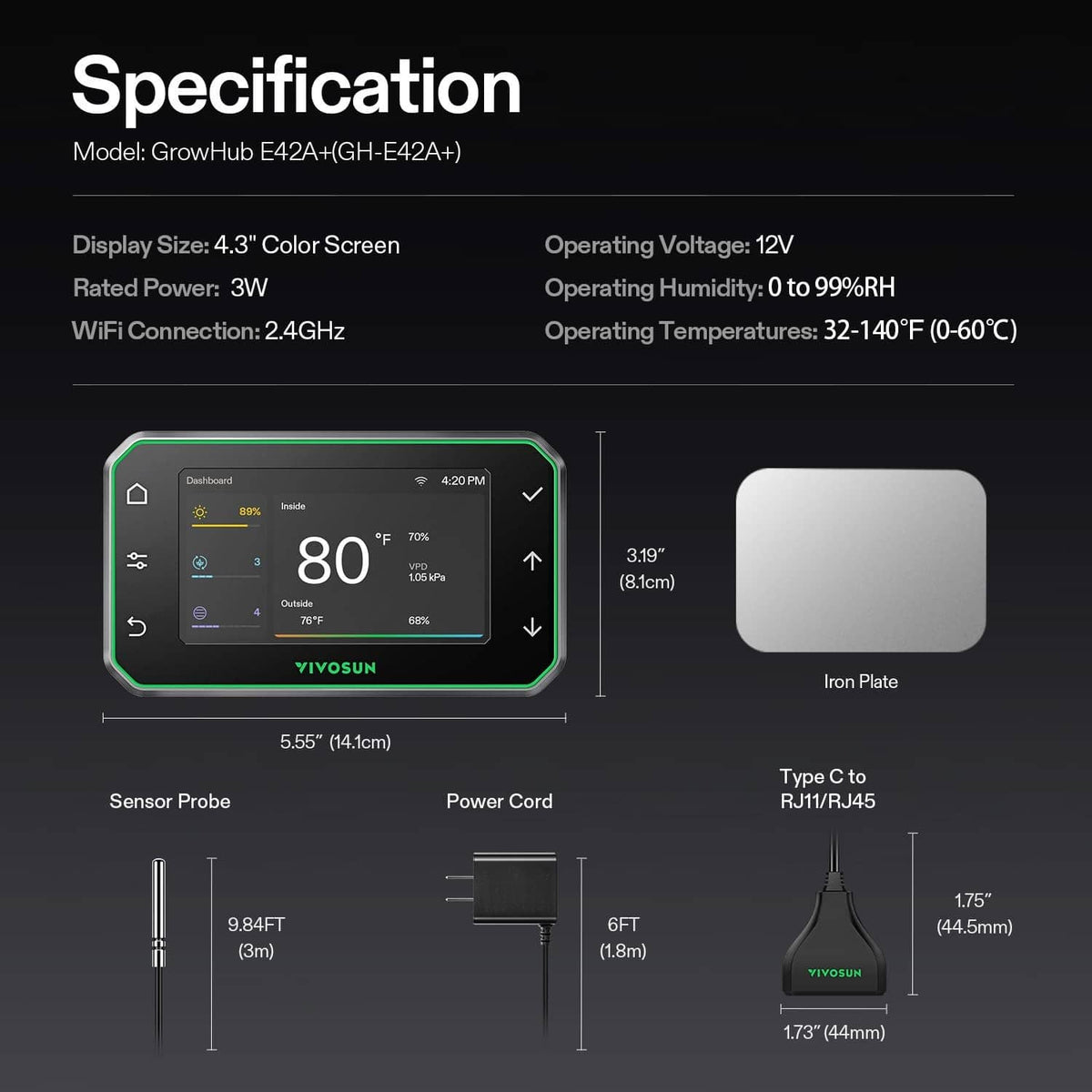 GrowHub E42A+ controller with color screen and size/spec diagram for measurements