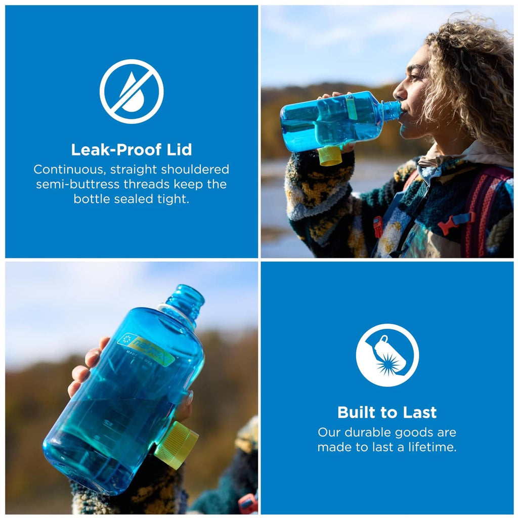 Blue translucent water bottle with yellow cap and loop handle, held near mouth.