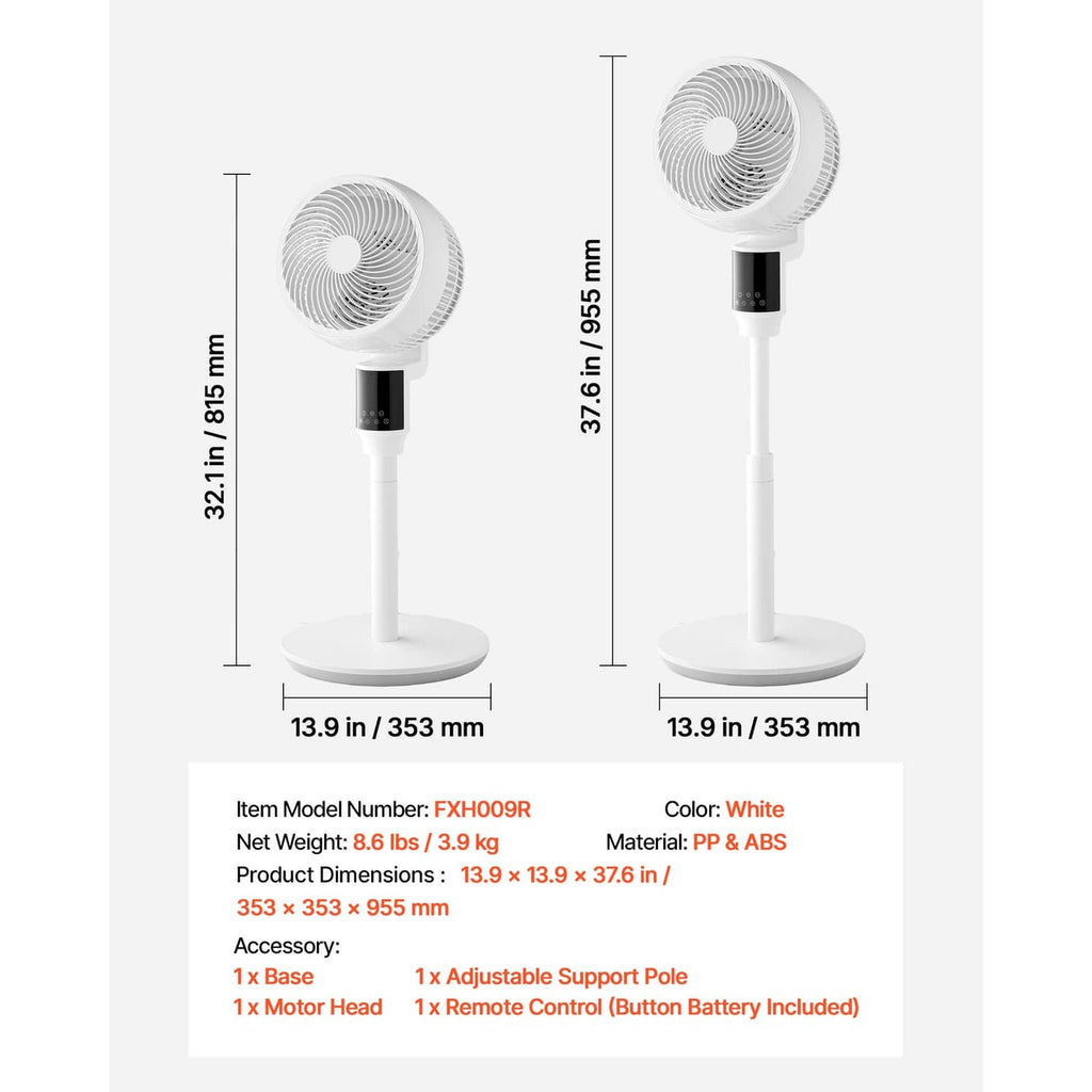 White pedestal fan with dimensions and included remote control shown