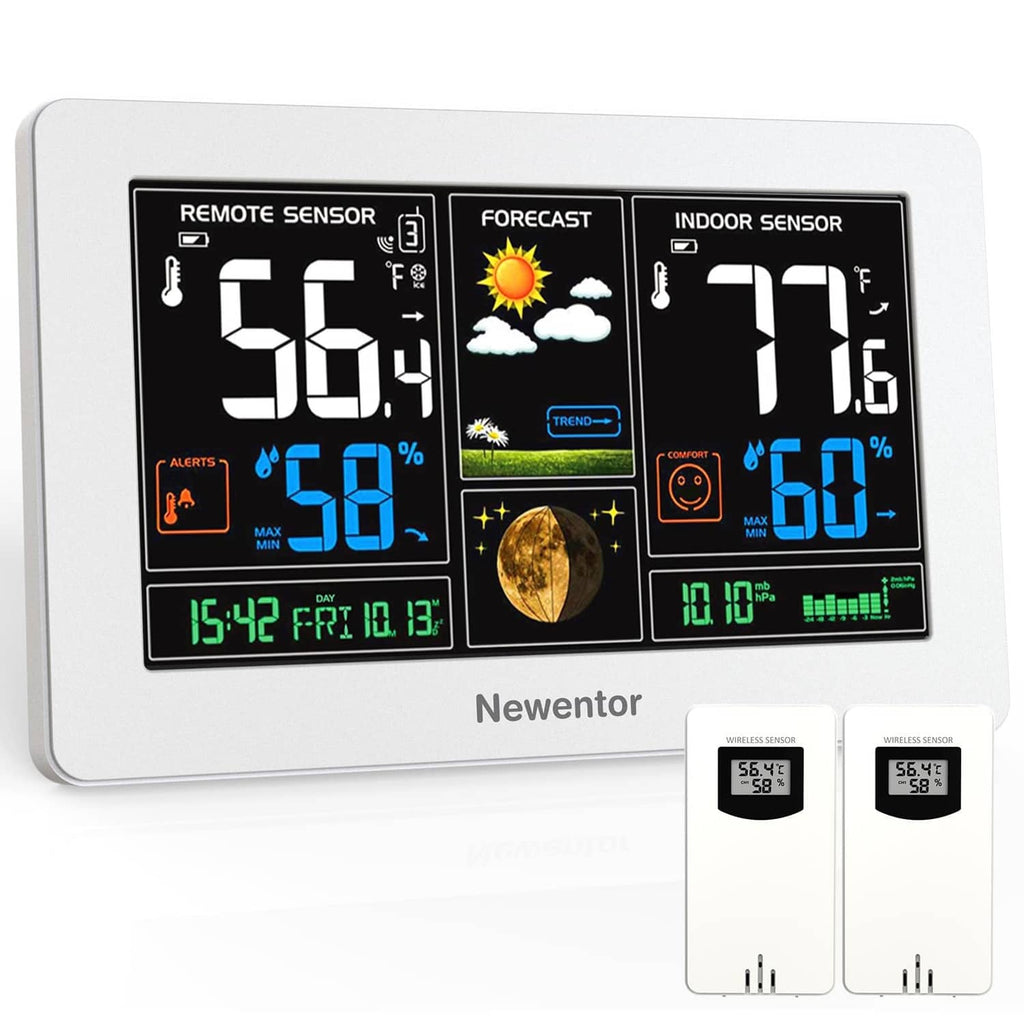 White indoor outdoor weather station with digital LCD showing remote sensor, indoor, and forecast