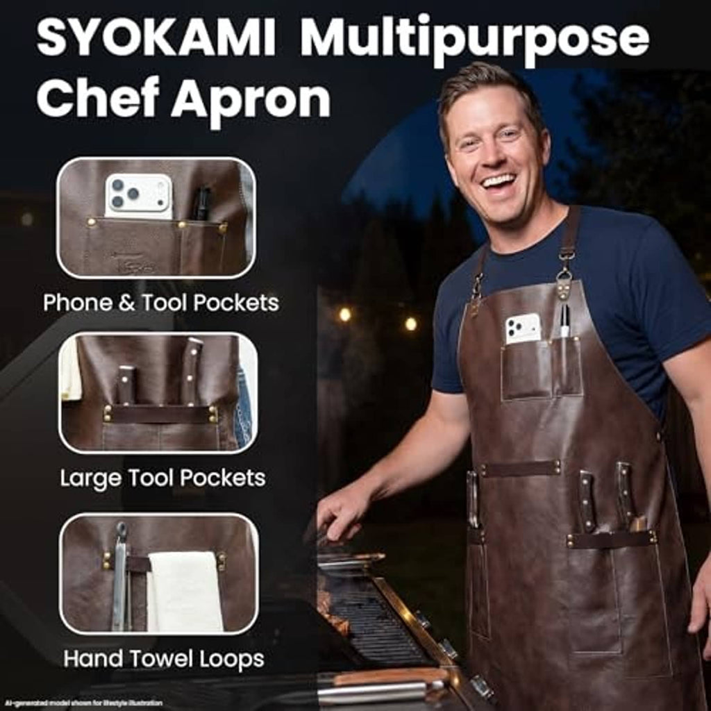 Brown chef apron with phone & tool pockets, plus hanging loops and waist tool holders