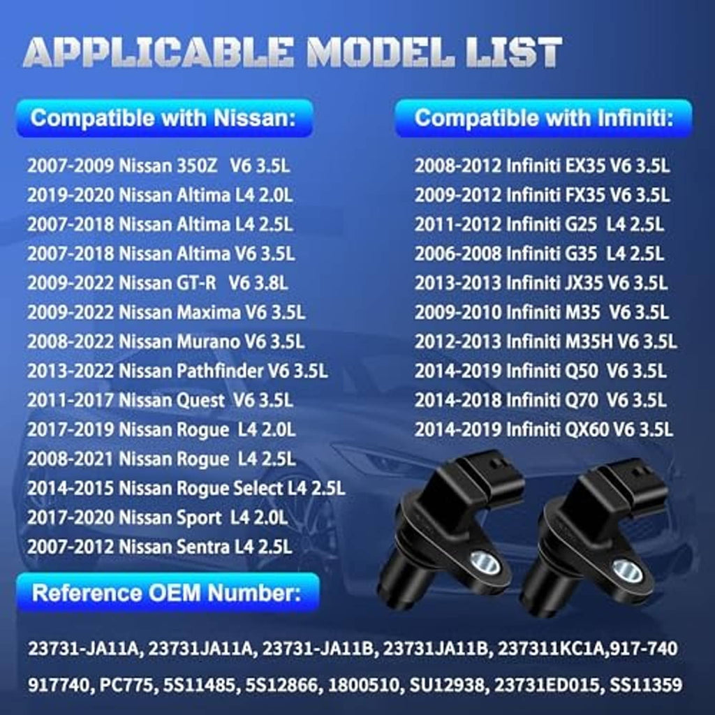 Camshaft position sensors for select Nissan and Infiniti models, shown with connector ends