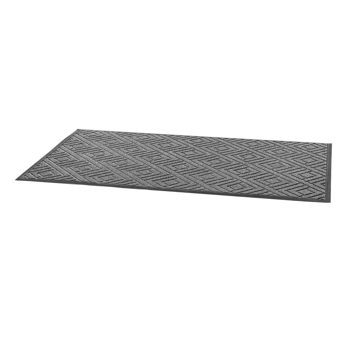 Large grey front door mat with chevron pattern, flat on display