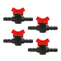 Set of four inline barbed ball valves with red lever handle and black plastic body